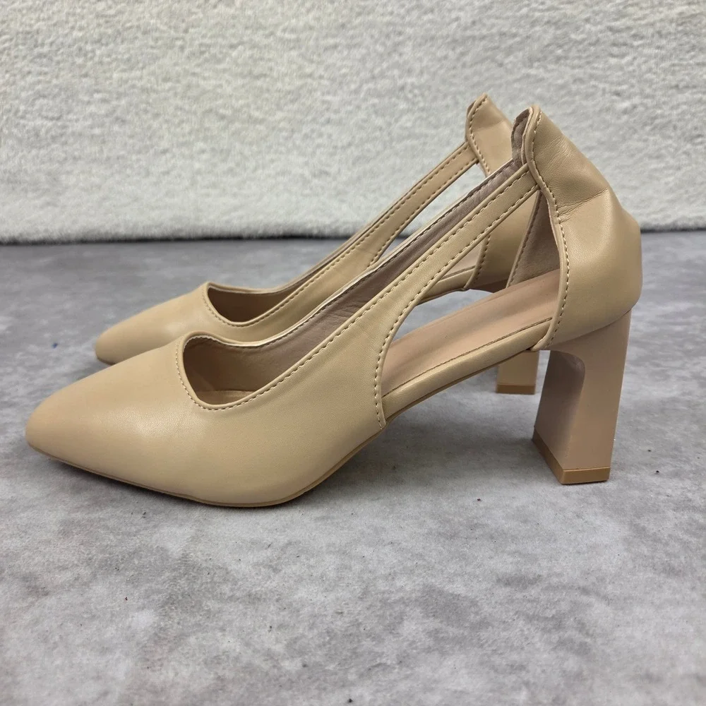 Nude Beige Pointed Toe Block Heel Pumps with Side Cutouts Size 6.5